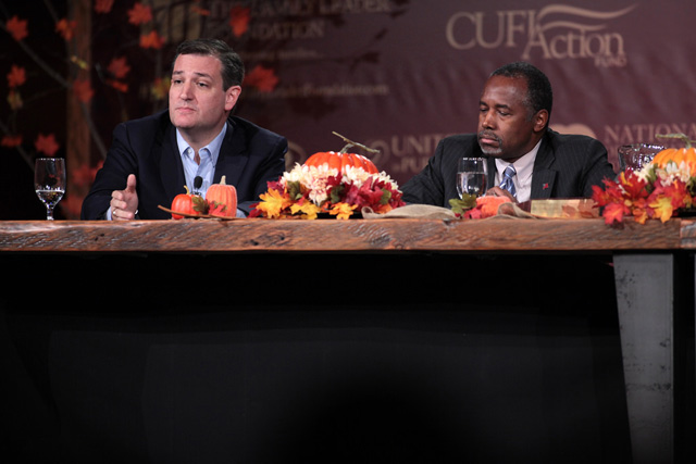 Ben Carson and Ted Cruz at 2015 Presidential Family Forum in Des Moines, Iowa; picture taken by Gage Skidmore